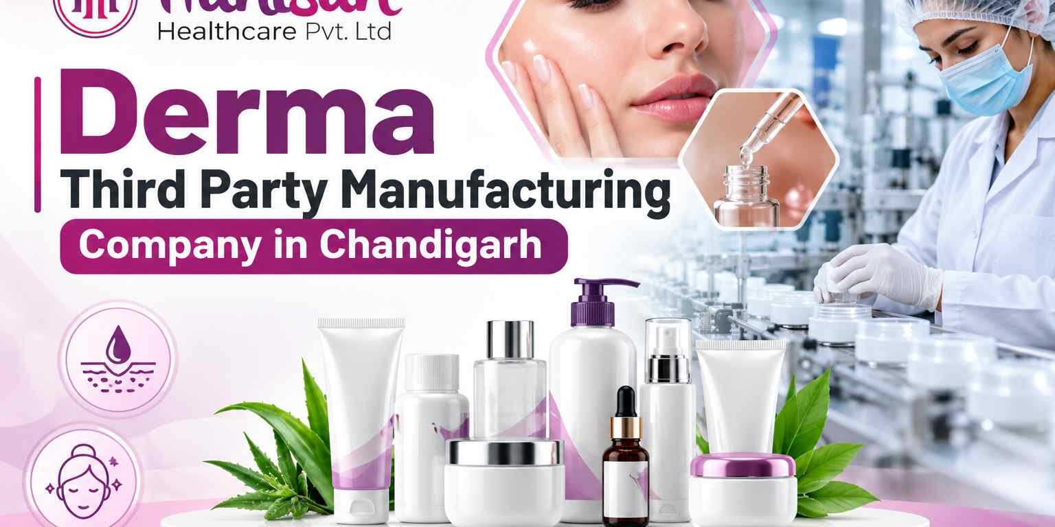 Skincare bottles and creams displayed in front of a dermatology product manufacturing facility with a lab professional.