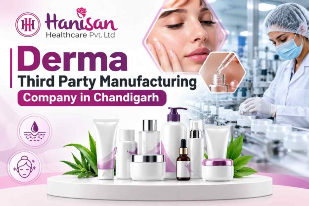 Skincare bottles and creams displayed in front of a dermatology product manufacturing facility with a lab professional.