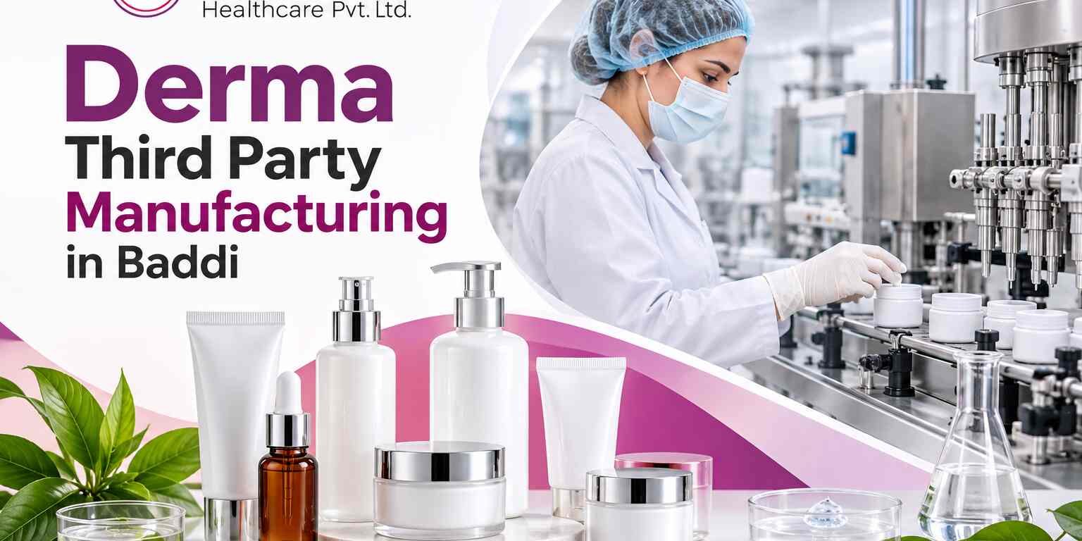 Hanisan Healthcare derma skincare products displayed beside a technician working on a cosmetic manufacturing line.