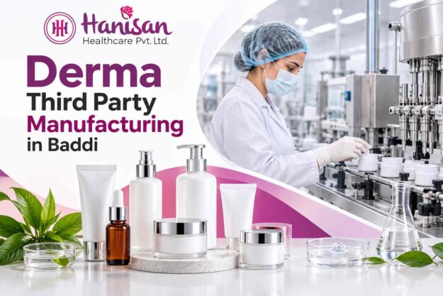 Hanisan Healthcare derma skincare products displayed beside a technician working on a cosmetic manufacturing line.