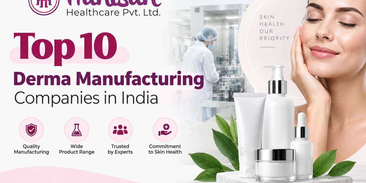 Hanisan Healthcare derma manufacturing banner featuring skincare products, a manufacturing facility, and a woman with healthy skin.