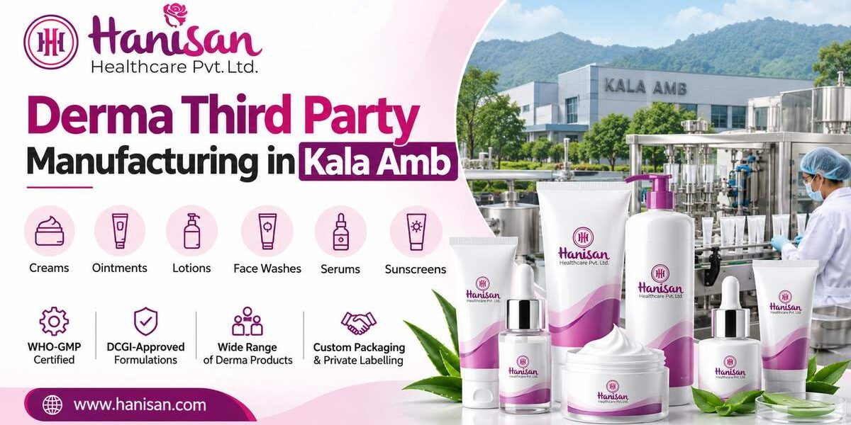 Hanisan Healthcare banner featuring dermatology skincare products, a manufacturing facility, and information about derma third-party manufacturing in Kala Amb.