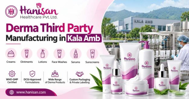 Derma Third Party Manufacturing in Kala Amb Hanisan Healthcare banner featuring dermatology skincare products, a manufacturing facility, and information about derma third-party manufacturing in Kala Amb.