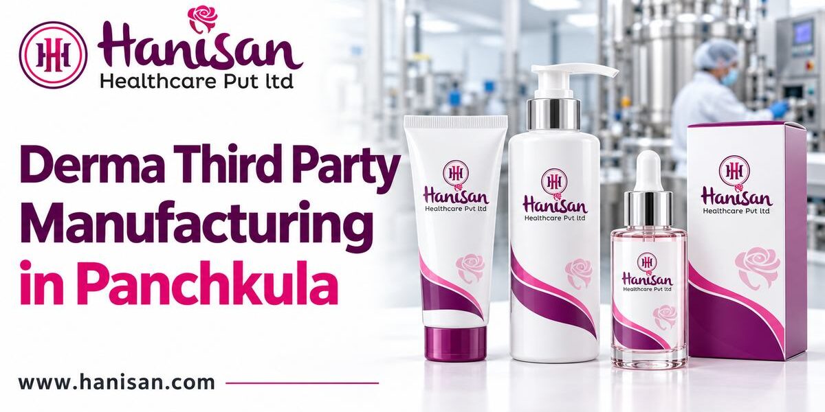 Hanisan Healthcare derma third party manufacturing in Panchkula banner featuring branded skincare products.