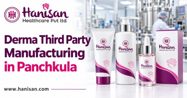 Hanisan Healthcare derma third party manufacturing in Panchkula banner featuring branded skincare products.