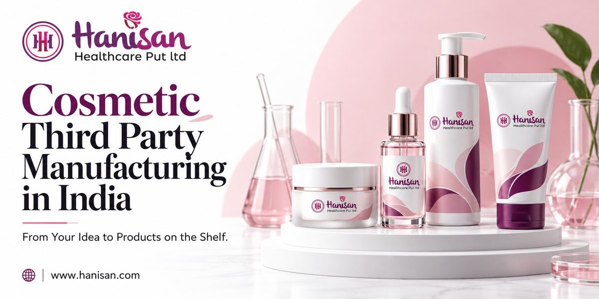 Hanisan Healthcare cosmetic manufacturing banner featuring branded skincare packaging on a white and pink background.
