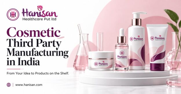 Hanisan Healthcare cosmetic manufacturing banner featuring branded skincare packaging on a white and pink background.